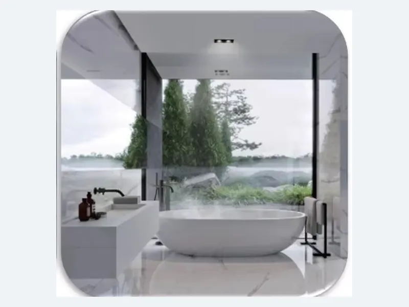 Bathroom glass changing from clear to private, illustrating hotel bathroom use